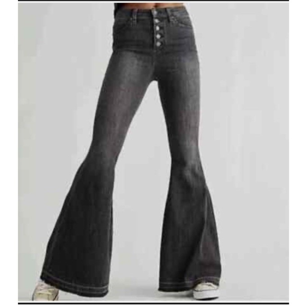 Free People We The Free Jeans Black Flare Raw Hem High Rise Denim Boho Festival